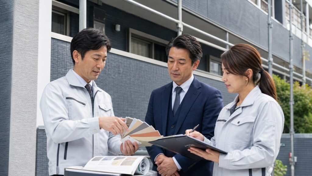 外壁塗装と防水工事の会社M&Aで建物外観と塗装サンプルを確認する様子