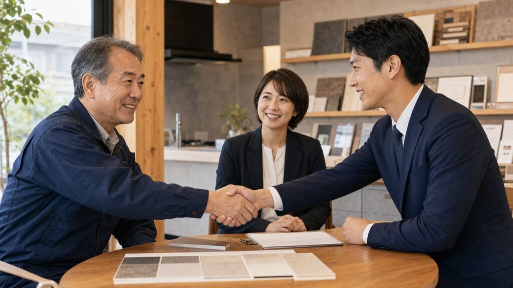 地域密着リフォーム会社の承継に向けて握手する経営者と買い手企業
