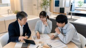 水回り・設備工事会社のM&Aでショールーム資料と工程表を確認する様子