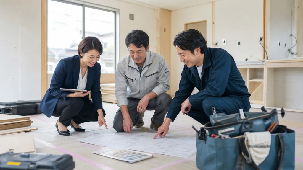 リフォーム工事現場でM&A後の引継ぎを確認する担当者