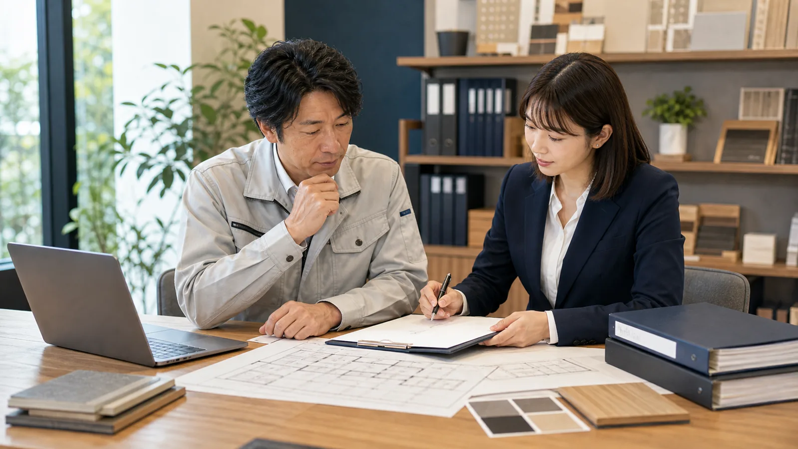 リフォーム会社のM&Aで図面や資料を整理する相談風景