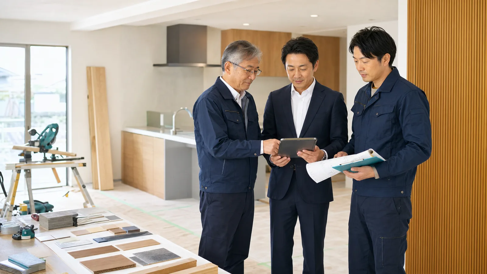 リフォーム現場で経営者と現場責任者が承継内容を確認している様子