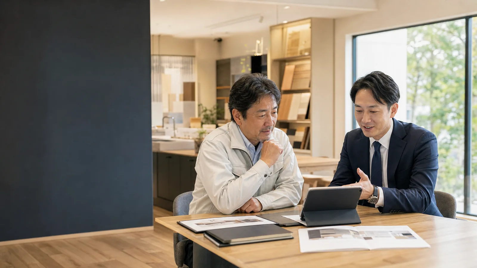 リフォーム会社の経営者とM&A相談担当者がショールームで相談している様子