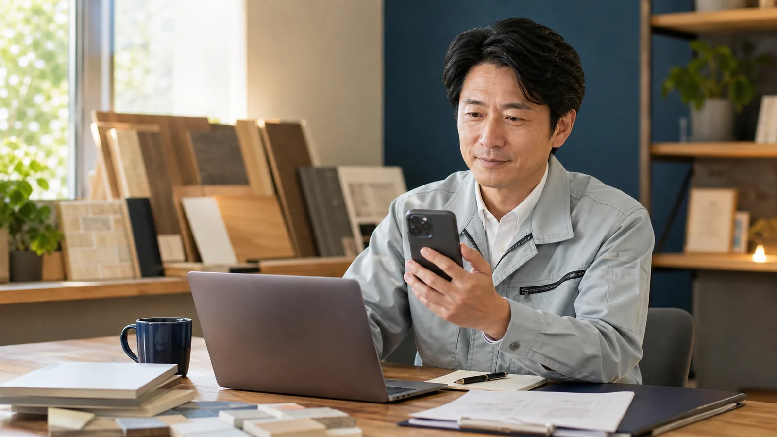 スマートフォンで匿名相談を行うリフォーム会社の経営者