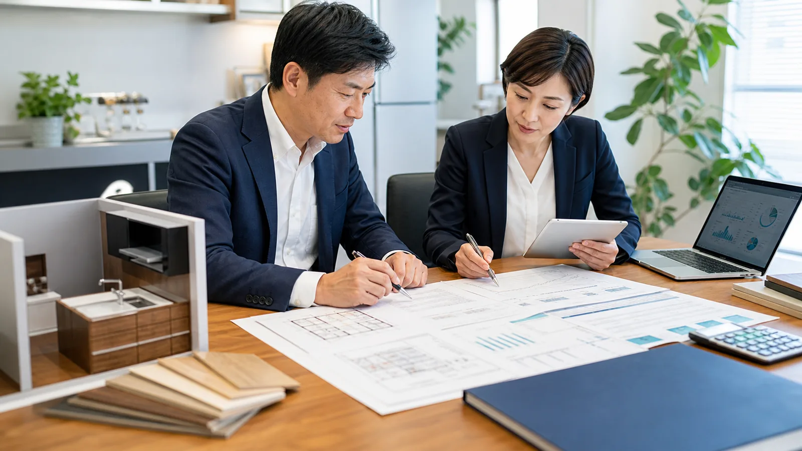 リフォーム会社の価値評価資料と図面を確認している専門家