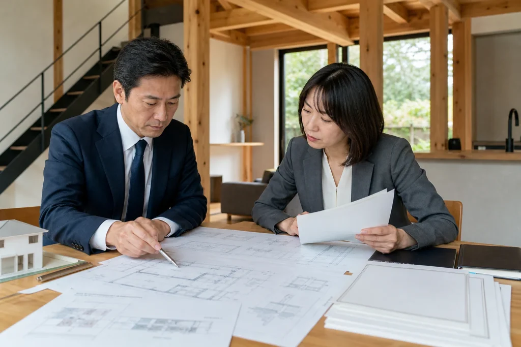 リフォーム会社M&Aの建築確認デューデリジェンスで図面と確認済証を照合する建築士と担当者
