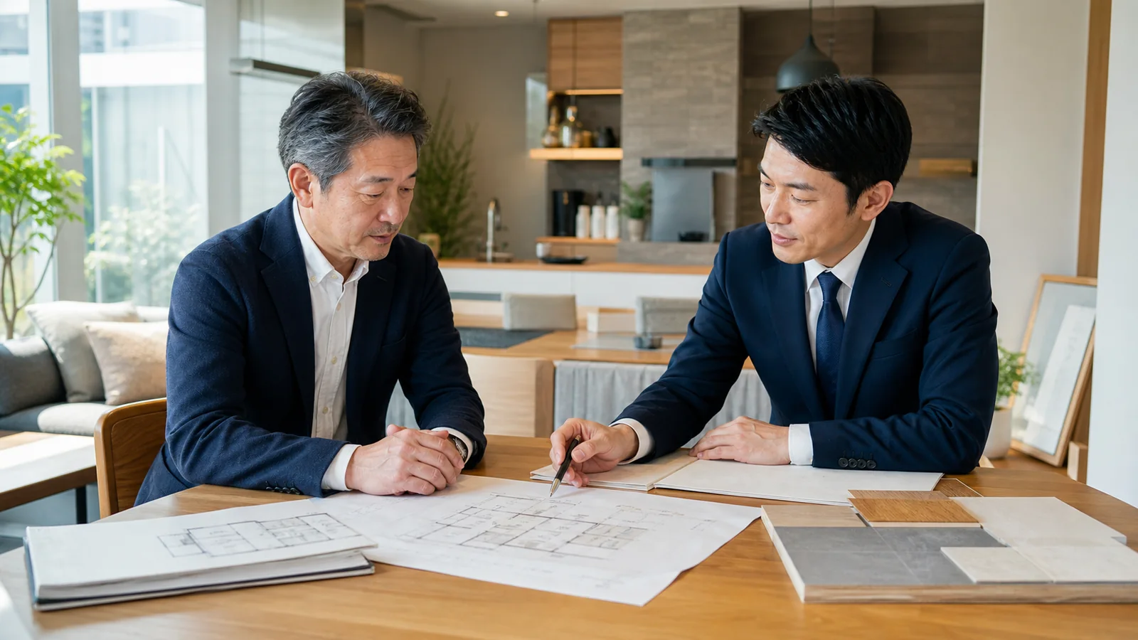 リフォーム会社の経営者とM&Aアドバイザーが事業承継について相談する様子