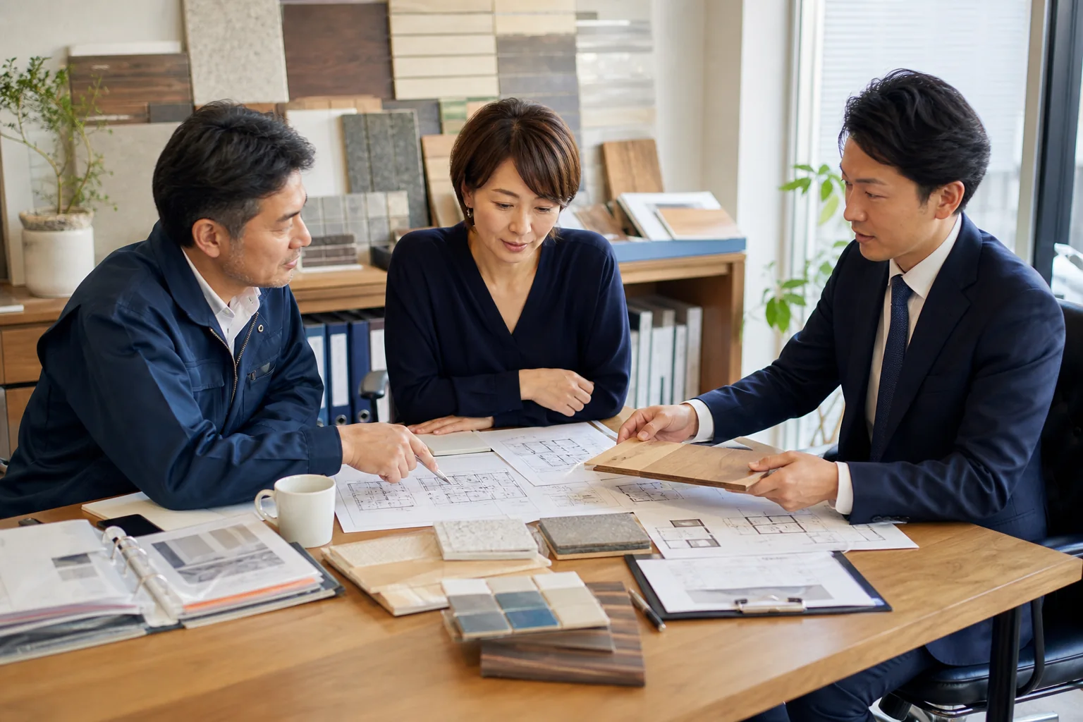 リフォーム会社のチームとM&Aアドバイザーが承継計画を整理する打ち合わせ