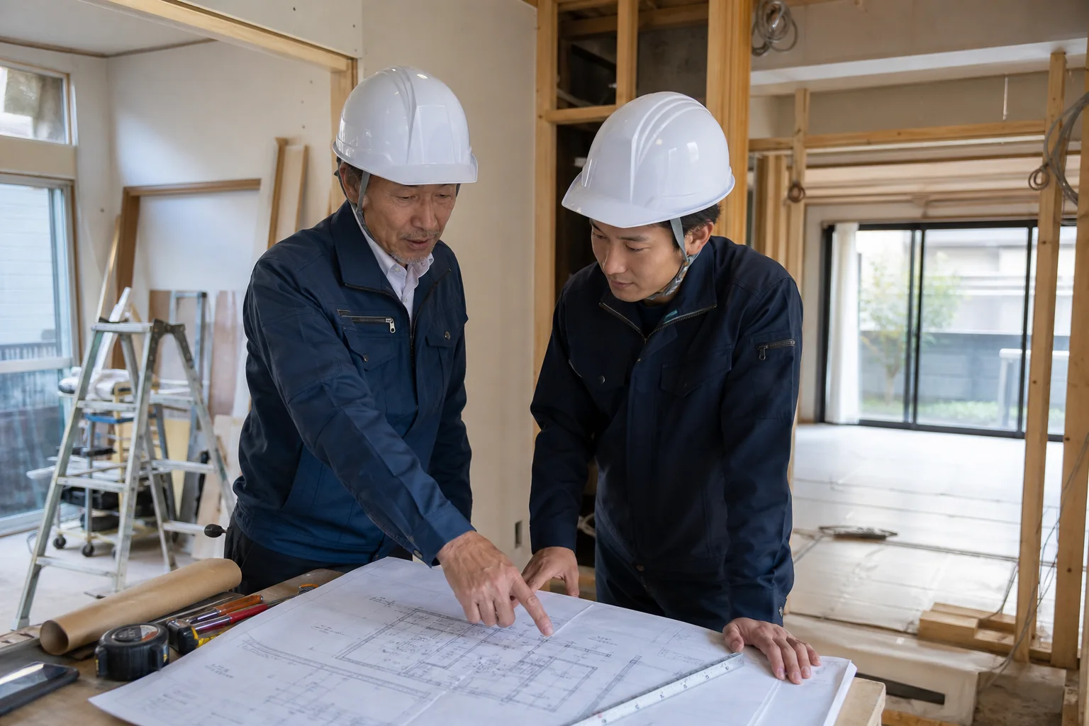 リフォーム現場で経営者と後継者が図面を確認し技能を引き継ぐ様子